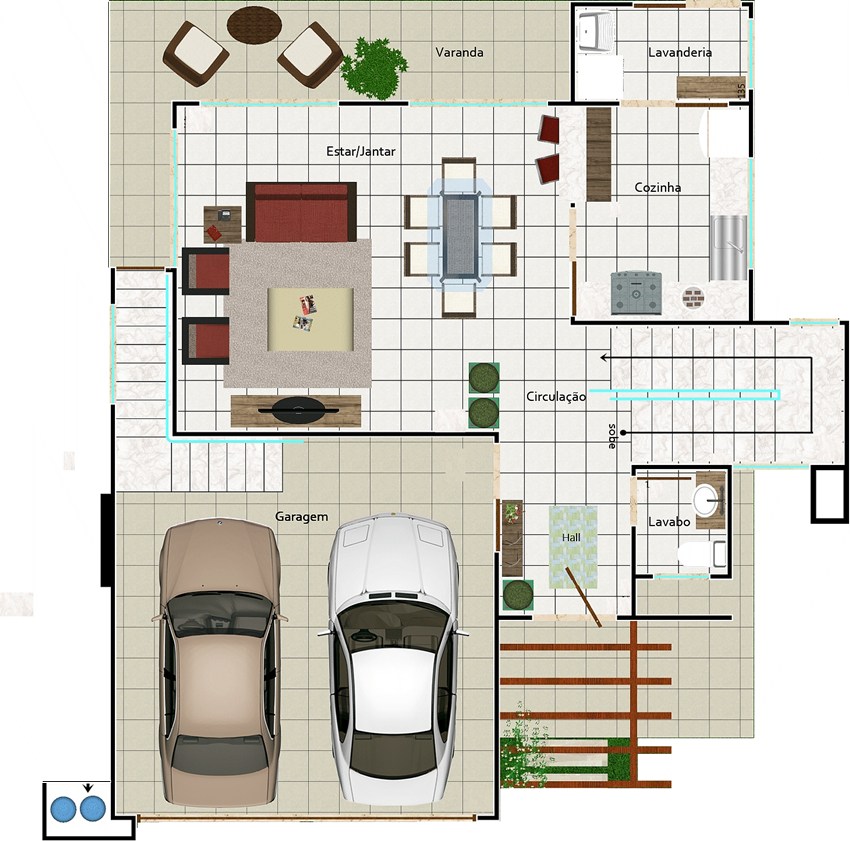 Planta de casas com 2 quartos e 2 banheiros Com hall