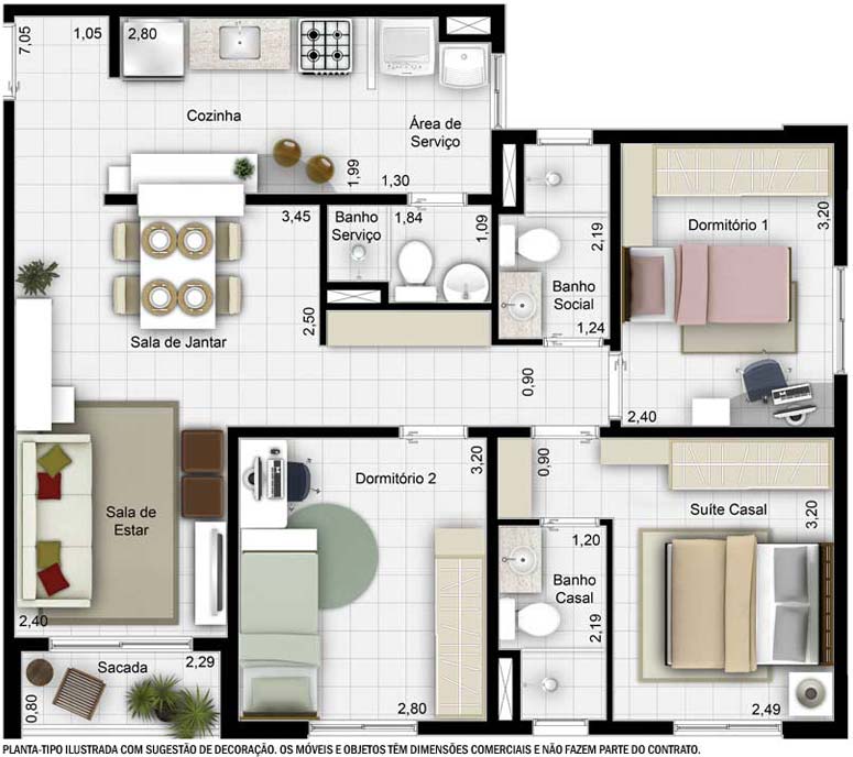 Planta de casas com 2 quartos e 2 banheiros Com Sacada