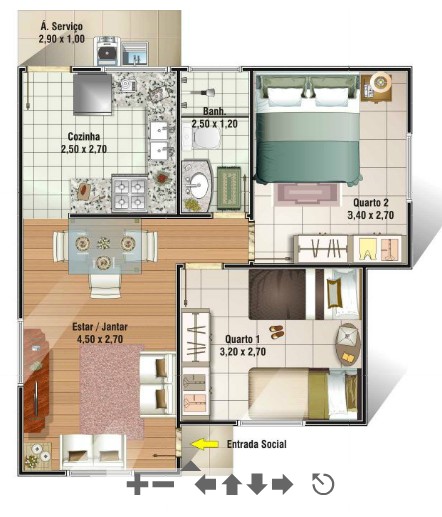 Planta de casas com 2 quartos e 2 banheiros com sala ampla