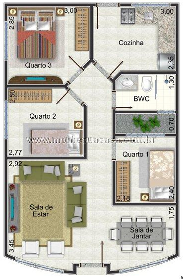 Planta de casas com 2 quartos e 2 banheiros com sala de jantar