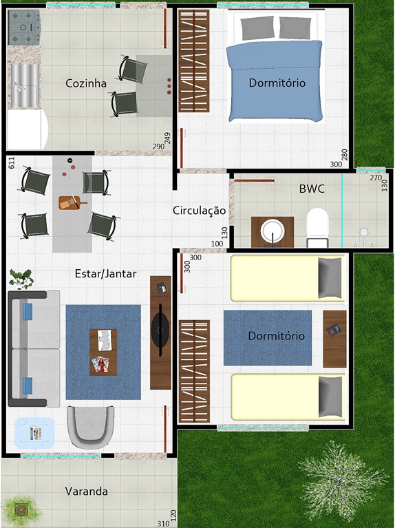 Planta de casas com 2 quartos e 2 banheiros com varanda