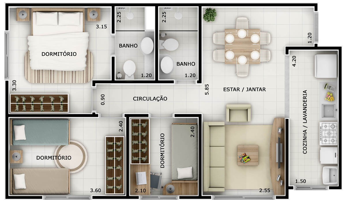 Planta de casas com 2 quartos e 2 banheiros cozinha e lavanderia juntos