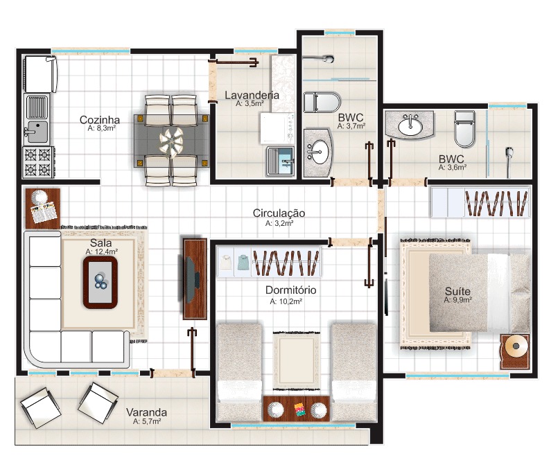 Planta de casas com 2 quartos e 2 banheiros moderna