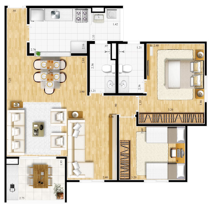 Planta de casas com 2 quartos e 2 banheiros Sem garagem