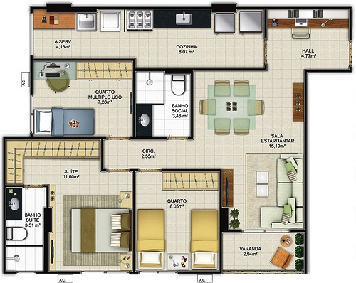 Planta de casas com 2 quartos e 2 banheiros sem garagem