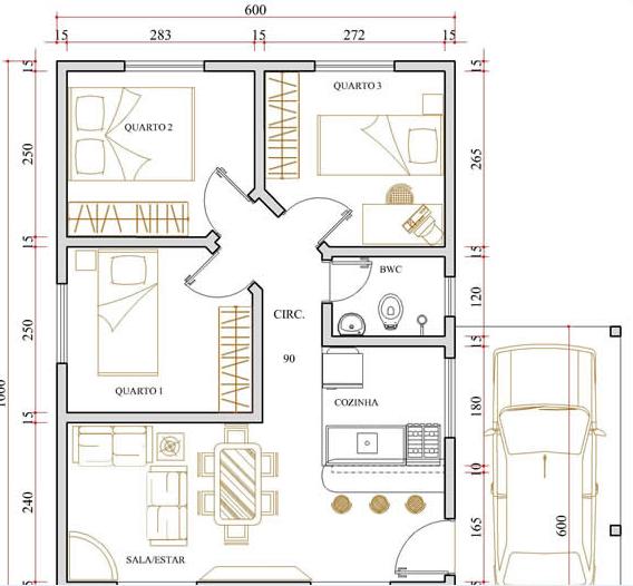 Planta de casas modernas com 2 quartos com garagem