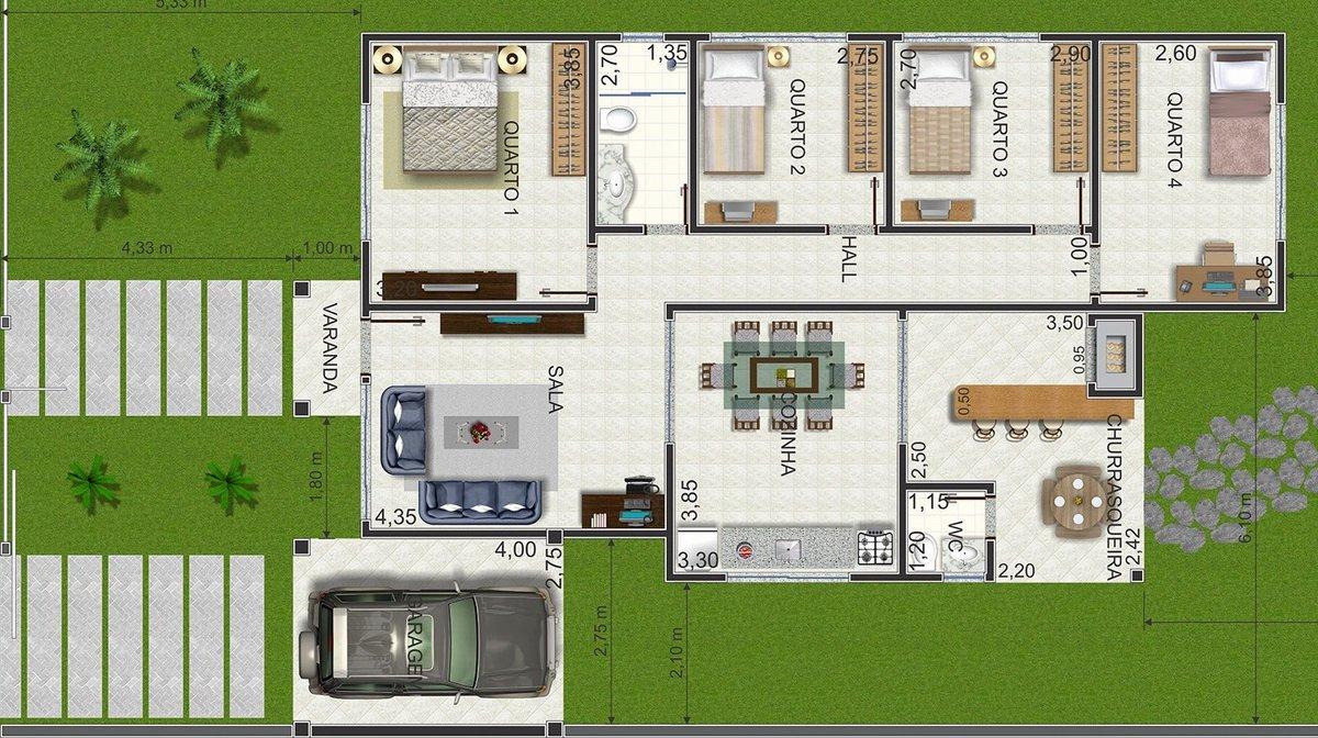 planta de casas modernas com 4 quartos com garagem 