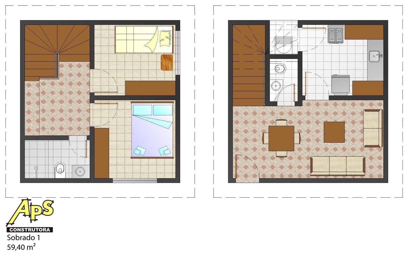 Planta de casas pequenas de dois andares com 4 cômodos em cada andar 